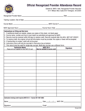 Official Recognized Provider Attendance Record