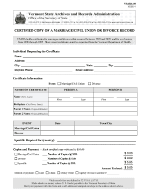 Vermont Marriage Divorce Civil Union Record Request