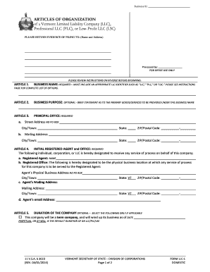 Vermont Articles of Organization for LLC