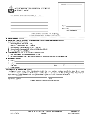 Vermont Business Name Reservation Application