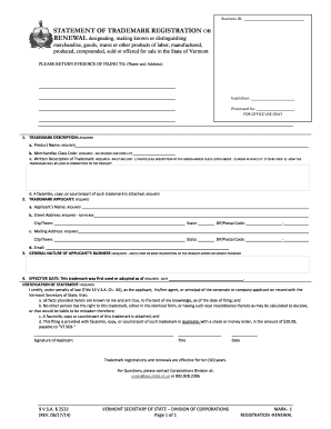 Vermont Trademark Registration Form