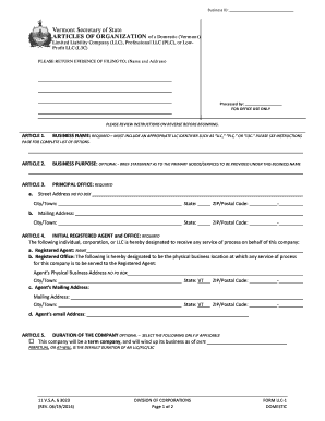 Vermont Articles of Organization for LLC