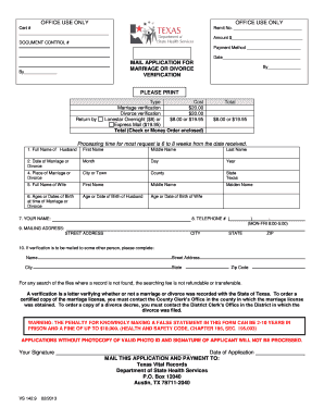 Texas Marriage or Divorce Verification Application