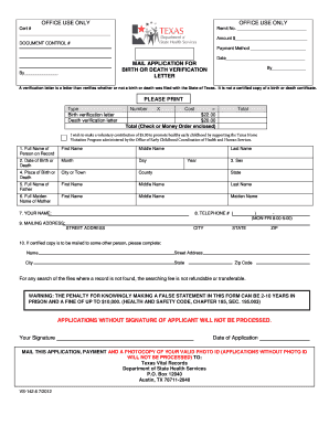 Texas Birth or Death Verification Letter Application
