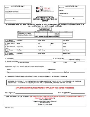 Texas Birth or Death Verification Letter Application