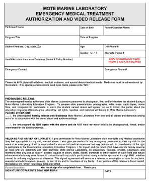 Mote Marine Laboratory Emergency Medical Treatment Authorization and Video Release Form