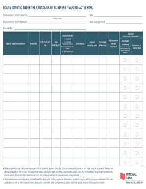 Canada Small Business Financing Act Disbursement Control Sheet