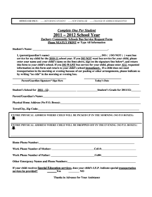 Zachary Community Schools Bus Service Request Form