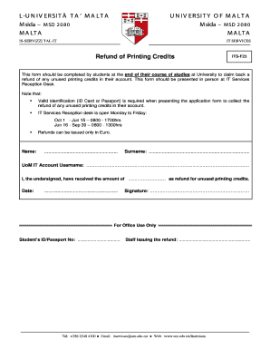 University of Malta Printing Credits Refund Form