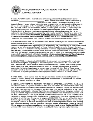 Texas A&M Waiver and Medical Authorization Form
