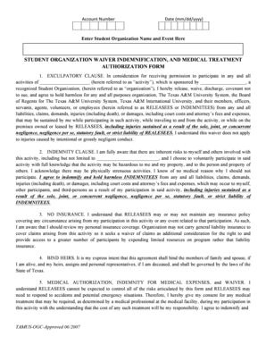 Student Organization Waiver Indemnification and Medical Treatment Authorization Form