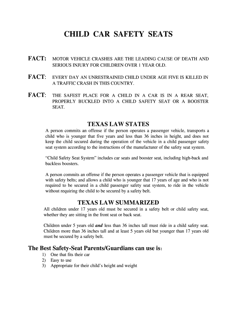 Fillable Online CHILD CAR SAFETY SEATS Fax Email Print - pdfFiller
