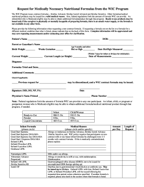 Request for Medically Necessary Nutritional Formulas from the WIC Program