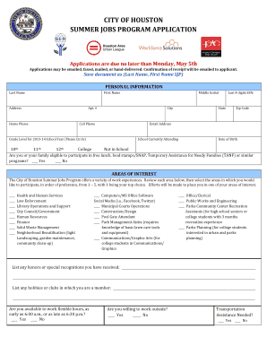 City of Houston Summer Jobs Program Application