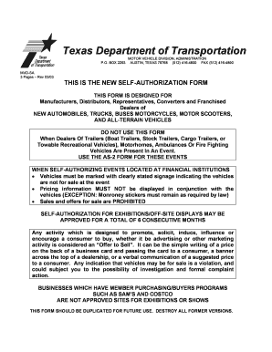 Texas Self-Authorization Form for Non-Selling Motor Vehicle Exhibitions