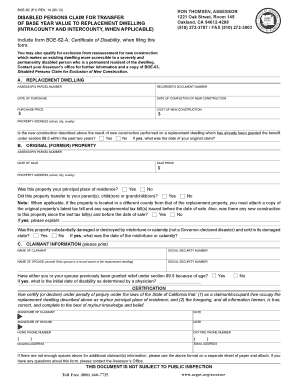 Disabled Persons Claim for Transfer of Base Year Value to Replacement Dwelling