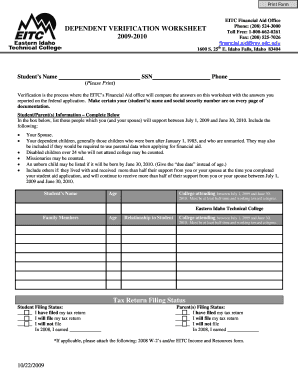 EITC Financial Aid Verification Worksheet