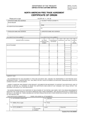 US Customs Form 434 NAFTA Certificate of Origin