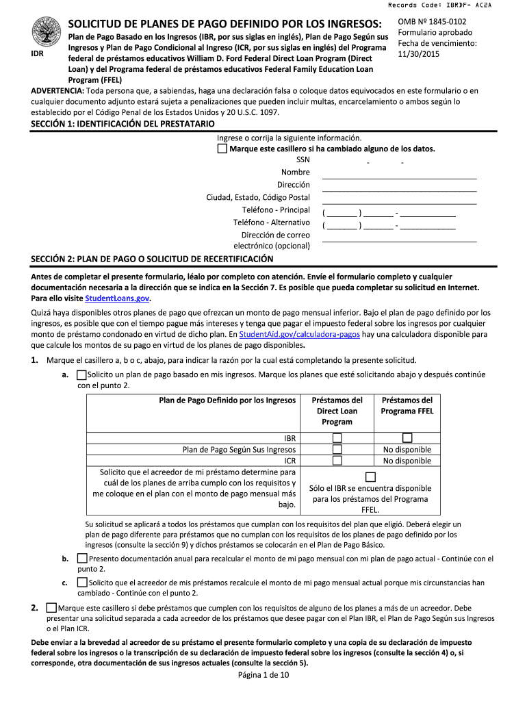 Solicitud para Plan de Pago Basado en los Ingresos IBR Vista previa en la página 1