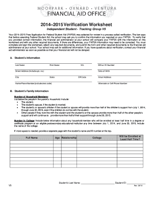 2014-2015 Verification Worksheet for Independent Student