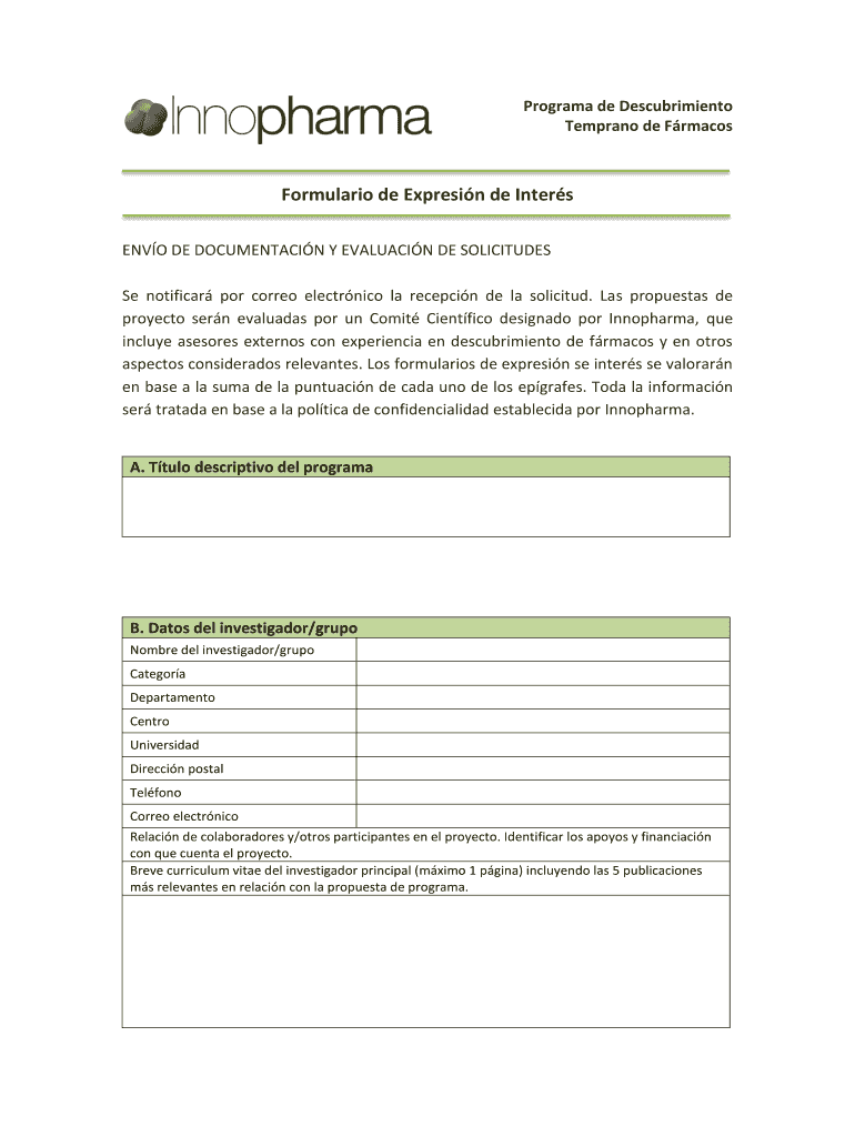 Descarga formulario de expresin de inters - Innopharma Vista previa en la página 1