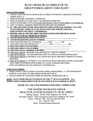 Blue Cross Blue Shield of NC Group Enrollment Checklist