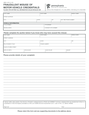 Pennsylvania Fraudulent Misuse of Motor Vehicle Credentials Form