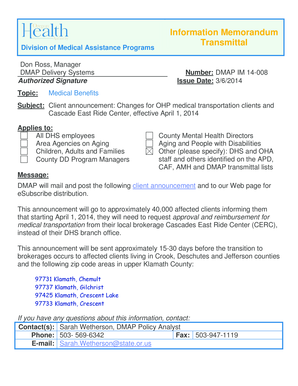 Memo announcement template - DMAP IM 14-008 Client announcement - oregon