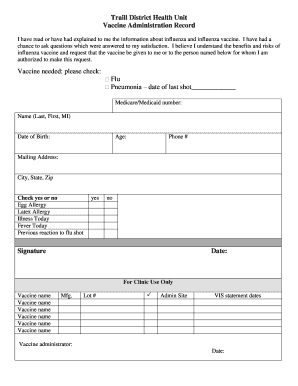 Traill District Health Unit Vaccine Administration Record