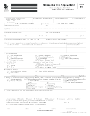 Nebraska Tax Application Form 20
