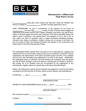 Subcontractor's Affidavit and Final Waiver of Lien