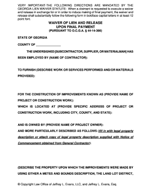 Georgia Lien Waiver and Release Upon Final Payment