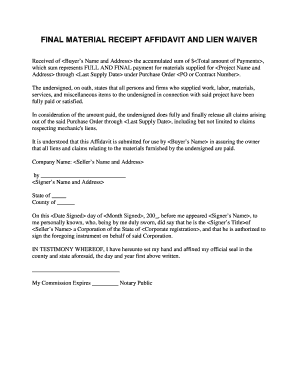 Final Material Receipt Affidavit and Lien Waiver