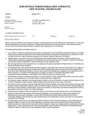 Subcontractor Materialmen Affidavit Lien Waiver Release
