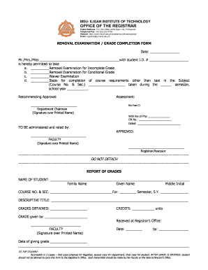 Removal Examination Grade Completion Form