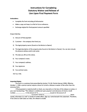 Statutory Waiver and Release of Lien Upon Final Payment Form