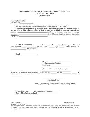 Unconditional final release - 6B6 SUBCONTRACTOR WAIVER AND RELEASE OF LIEN UPON FINAL PAYMENT Unconditional