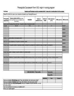 Prerequisite Coursework Form for Nursing Program