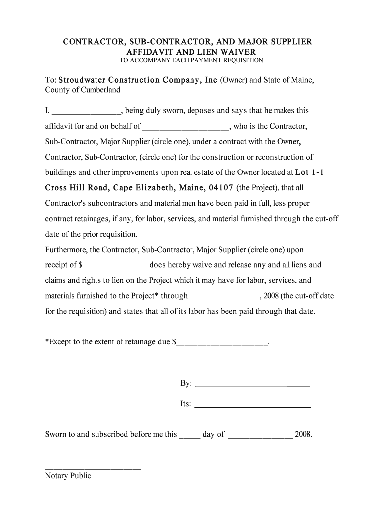 Contractor Subcontractor Major Supplier Affidavit and Lien Waiver ...
