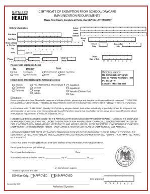 New Mexico School Immunization Exemption Certificate