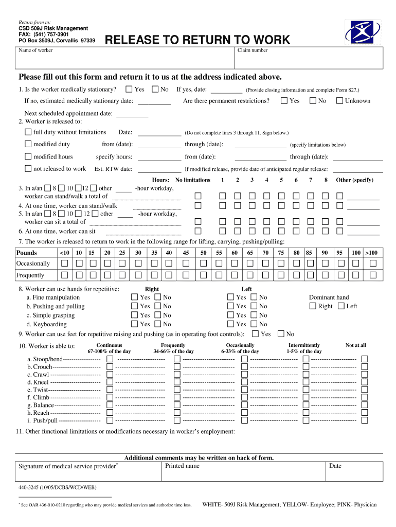 Return To Work Release Form
