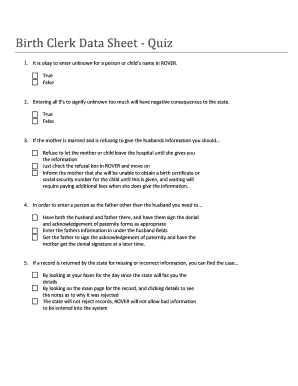 Birth Clerk Data Sheet