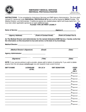 Emergency Medical Services Individual Protocols Roster