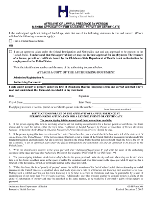 Affidavit of Lawful Presence for License Application