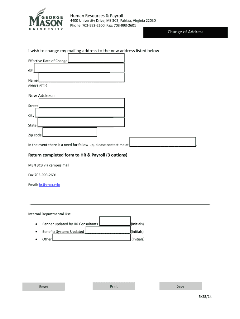 Fillable Online hr gmu Address Change Form Human Resources and