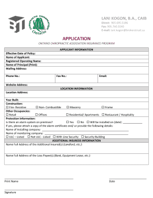 Ontario Chiropractic Association Insurance Application