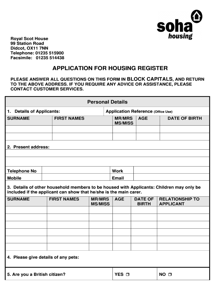 Fillable Online Housing Register Form.pdf Soha Housing Fax Email
