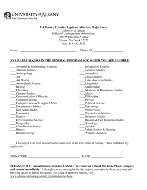 University at Albany Transfer Applicant Alternate Major Form