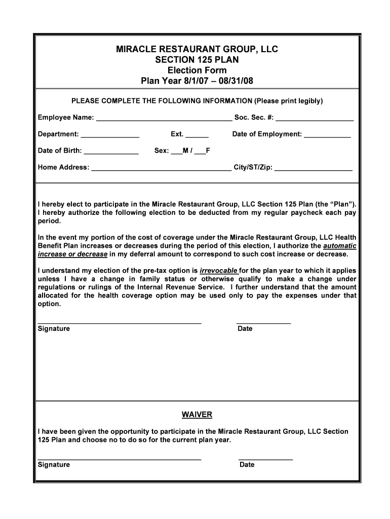 Fillable Online MIRACLE RESTAURANT GROUP, LLC SECTION 125 PLAN Fax