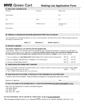 New York Green Cart Waiting List Application Form